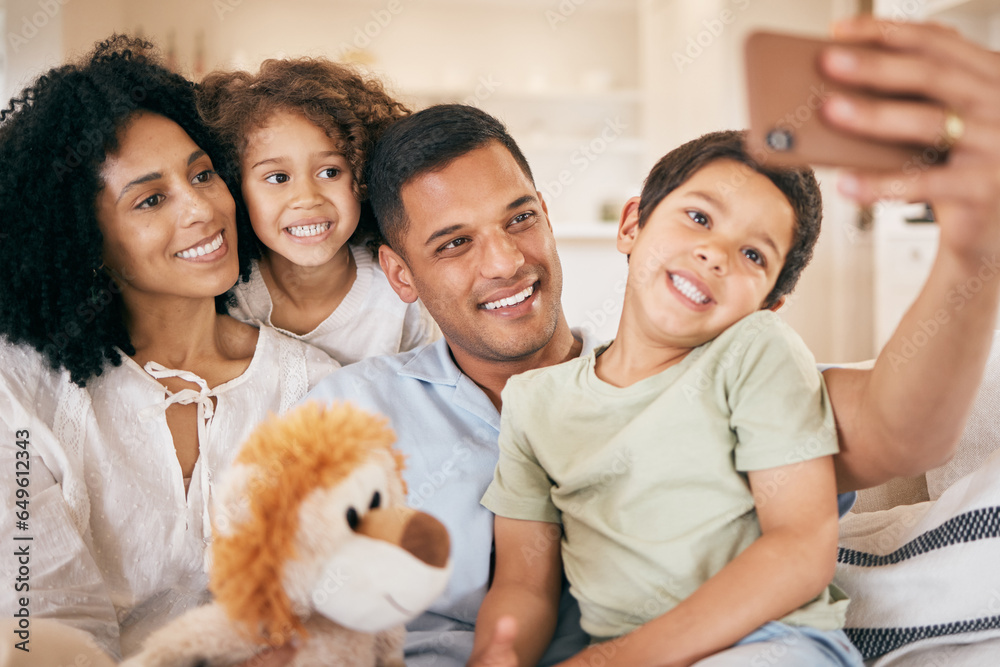 Family, selfie and living room with a mother, dad and child together with care and love. Bonding, sofa and happy father with a young boy and mom with photo for social media at home with support