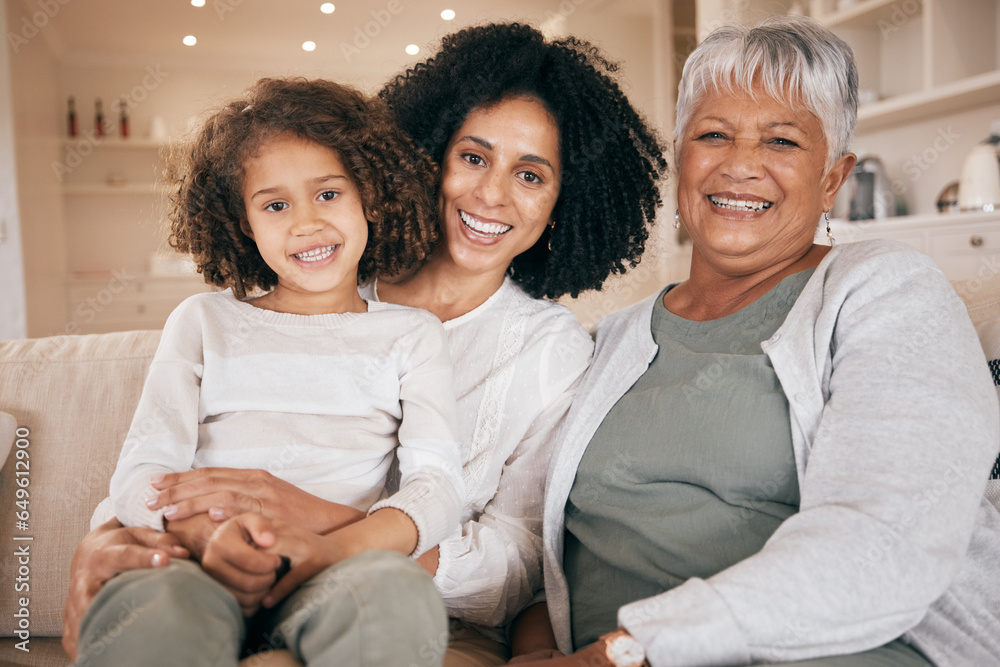 Portrait, mother or kid with grandma on sofa for bonding, healthy relationship or relax in family home. Smile, wellness or happy grandmother with mom or child in lounge with trust, support or love