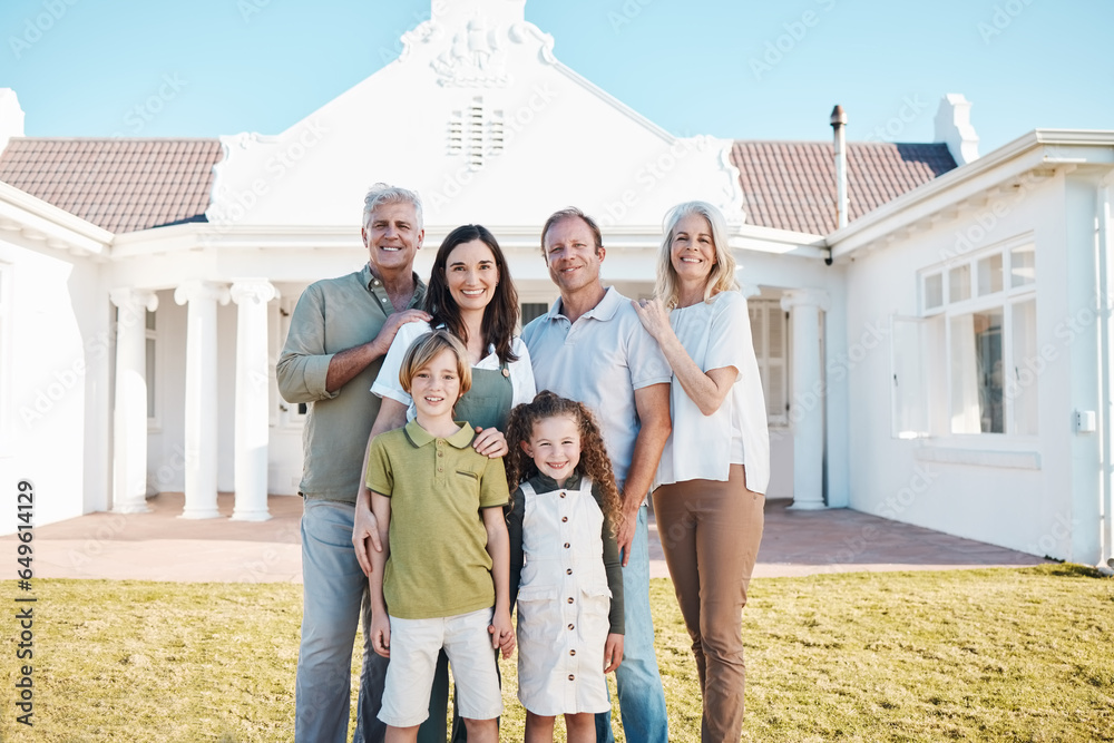 Happy big family, portrait and real estate on grass in new home, property or investment on outdoor lawn. Parents, grandparents and kids smile for moving in, house or bonding in happiness together