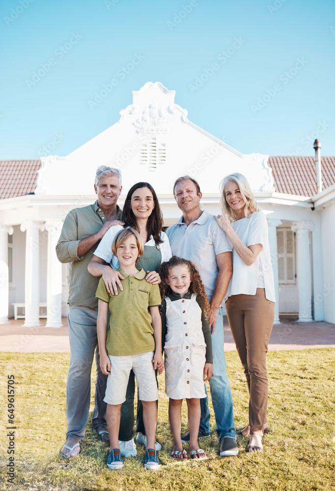 Happy big family, portrait and real estate on lawn in new home, property or investment on outdoor grass. Parents, grandparents and kids smile for moving in, house or bonding in happiness together