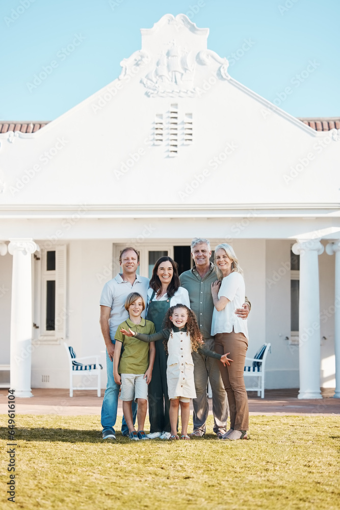 Happy big family, portrait and hug in real estate, new home or property investment on outdoor grass or lawn. Parents, grandparents and kids smile for moving in, house or bonding in happiness together