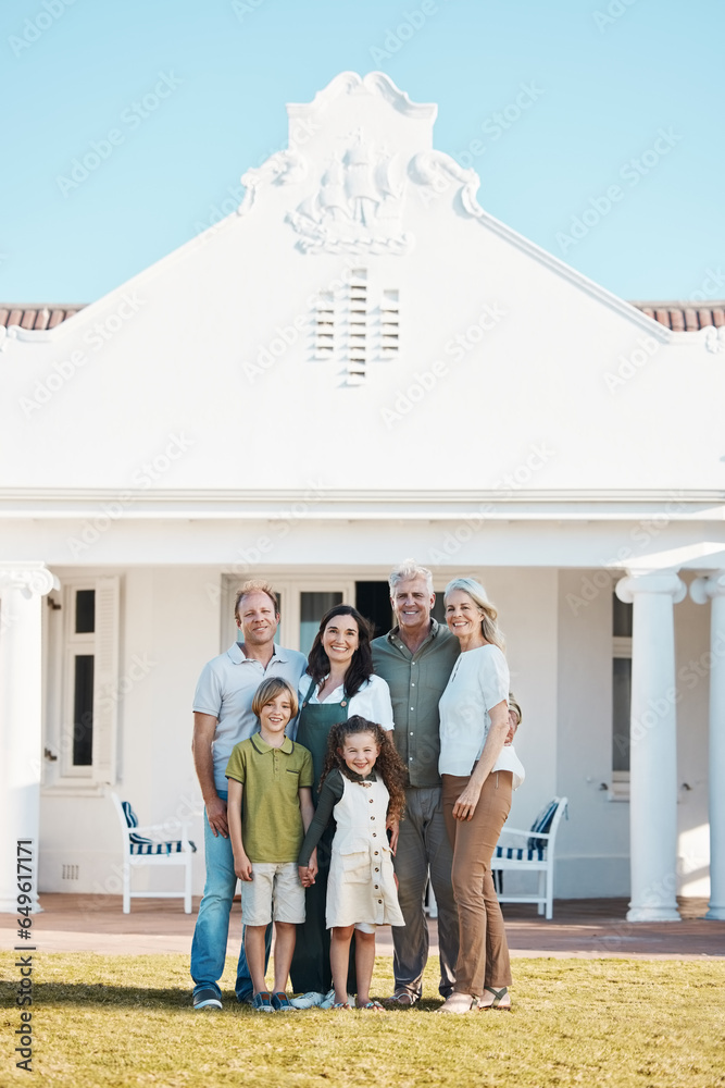 Happy big family, portrait and hug in new home on lawn, property or investment on outdoor grass. Parents, grandparents and children smile for moving in, house or happiness in real estate together