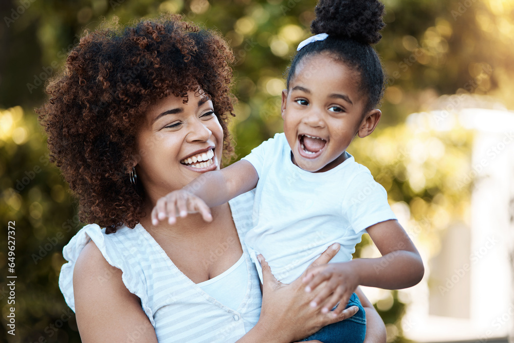 Happy, love and mother with child in nature at an outdoor park playing, bonding and having fun. Smile, excited and young mom carrying her girl kid or toddler walking in a green garden in Mexico.