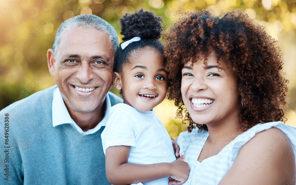 Grandfather, mother and portrait of child in park together for bonding, relationship and fun. Happy family, love and mom, senior grandpa and girl outdoors relax on holiday, weekend and vacation