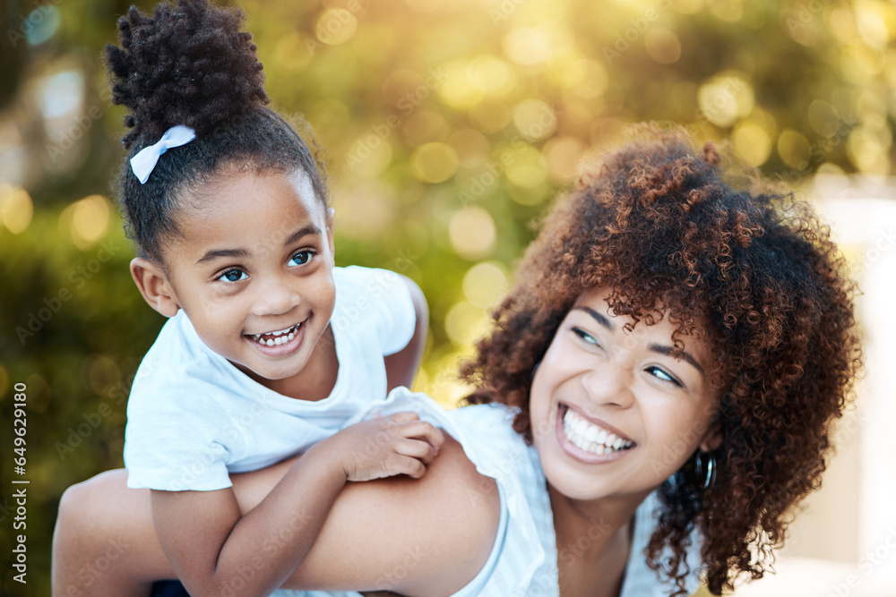 Happy, piggyback and mother with child in nature at an outdoor park playing, bonding and having fun. Smile, love and young mom carrying her girl kid or toddler walking in a green garden in Mexico.