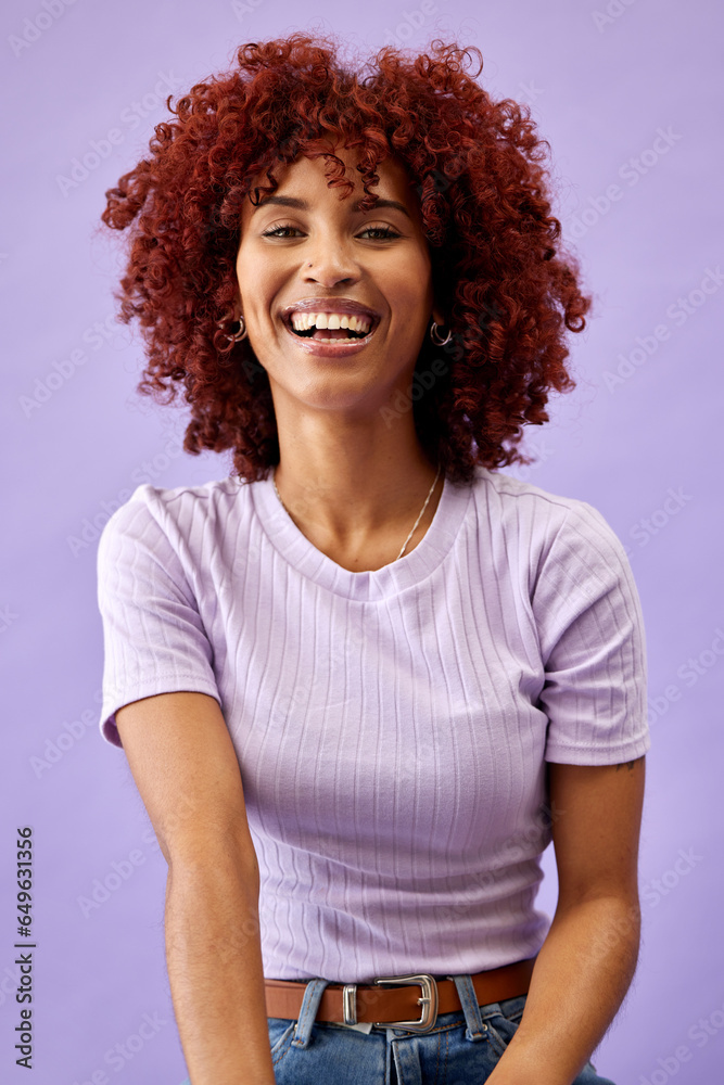 Beauty, happy and portrait of woman in studio with smile for wellness, skincare and confidence. Fashion, makeup and person on purple background in trendy clothes, cool outfit and style in cosmetics