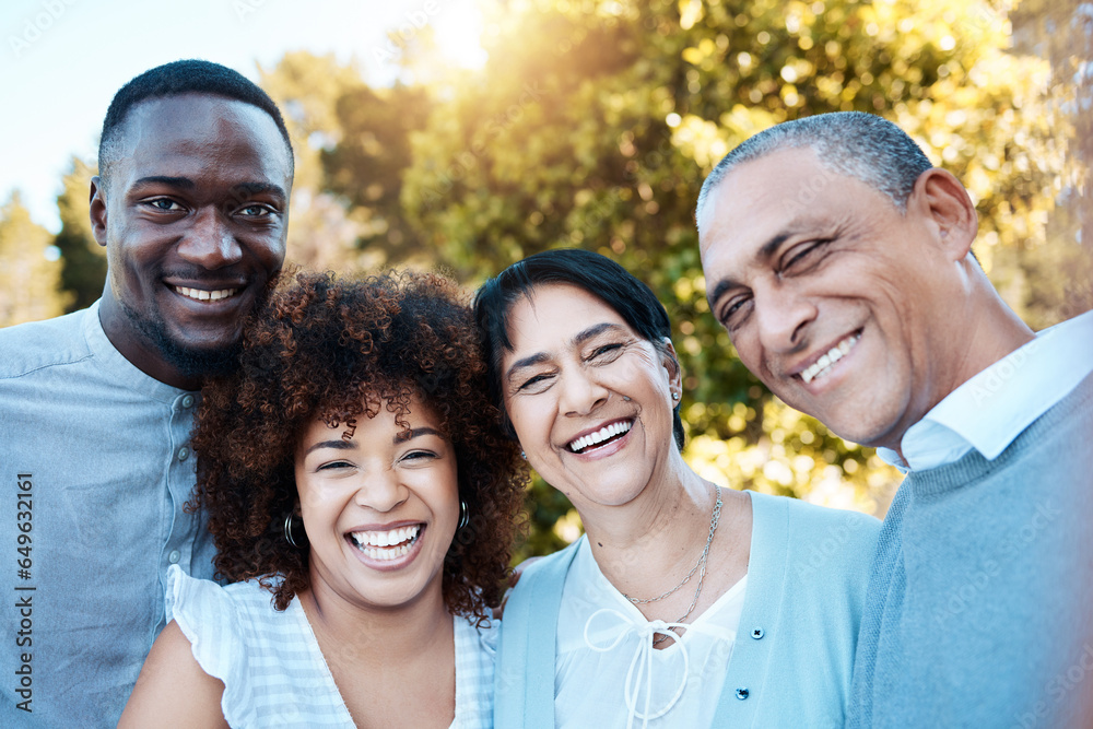 Selfie, portrait and people with senior parents in an outdoor park for adventure, holiday or weekend trip. Happy, smile and young man and woman taking picture with elderly mom and dad from Mexico.