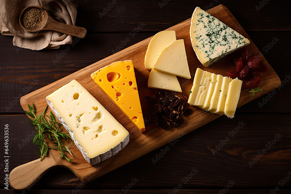 Delicious cheese platter on a wooden table, culinary delight of various tastes.