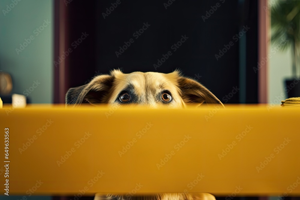 A cute retriever puppy with expressive eyes is hiding behind a chair.