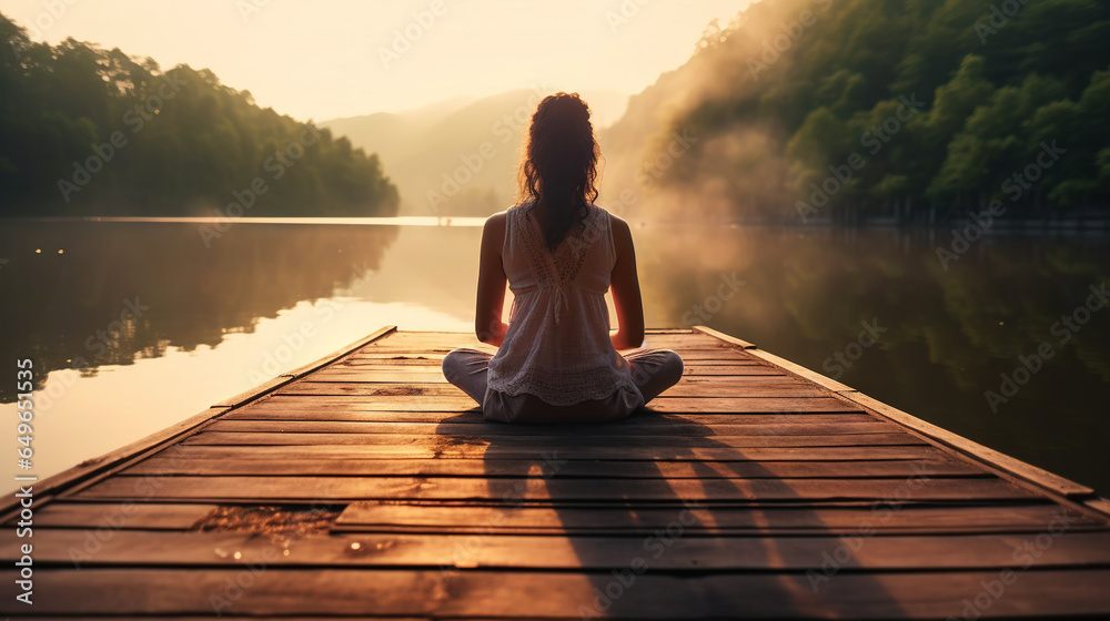 Young girl practice yoga on wooden pier with a view on lake and beautiful landscape. Generative AI