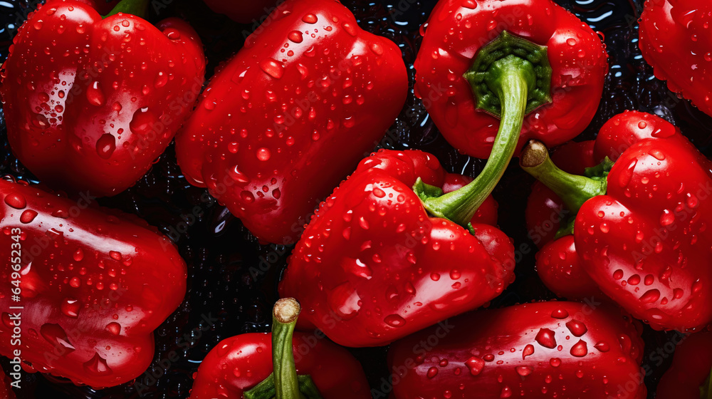 Fresh red bell peppers with water drops background. Vegetables backdrop. Generative AI