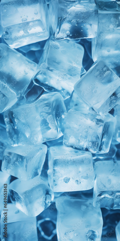 Ice cubes bluish background. Frozen water. Cold fresh concept. Generative AI