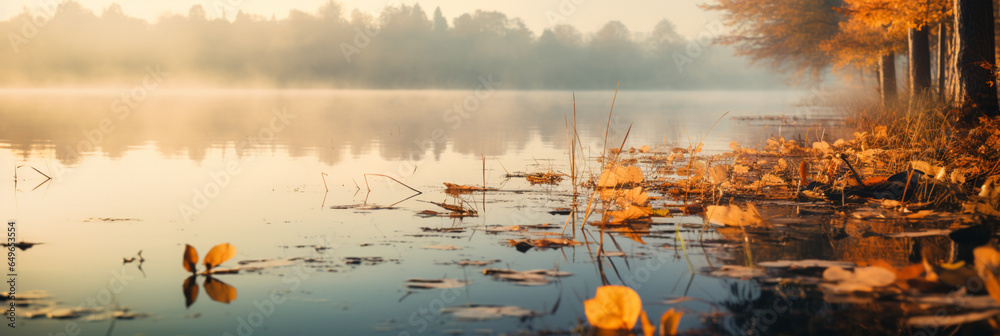 Beautiful autumn forest scene . Colorful morning view on foggy lake and mountains at sunrise time. Beauty of nature concept background.