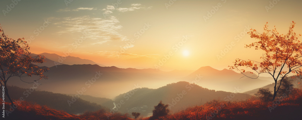 Beautiful autumn forest scene . Colorful morning view on foggy mountains and clouds at sunrise time. Beauty of nature concept background.