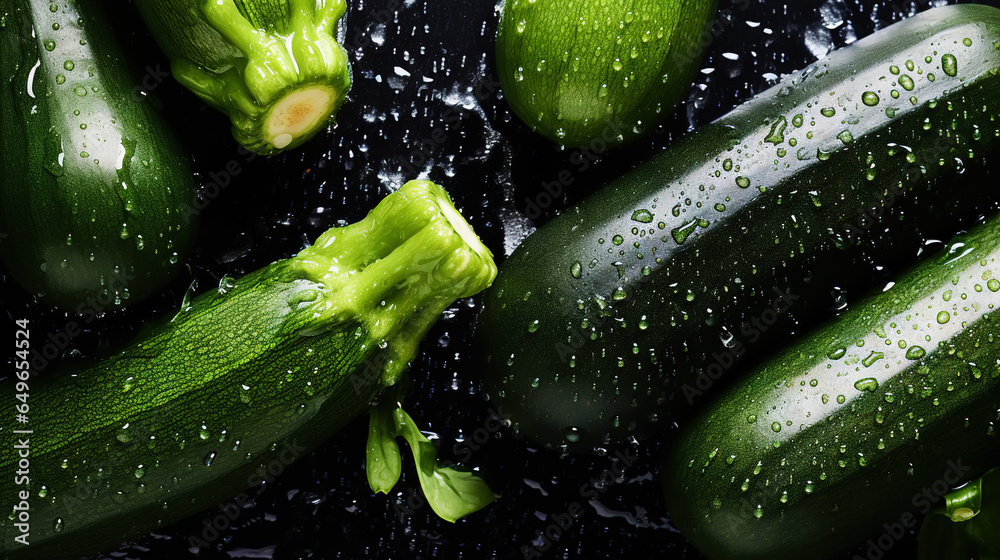 Freshgreen zucchini or courgettes with water drops background. Vegetables backdrop. Generative AI