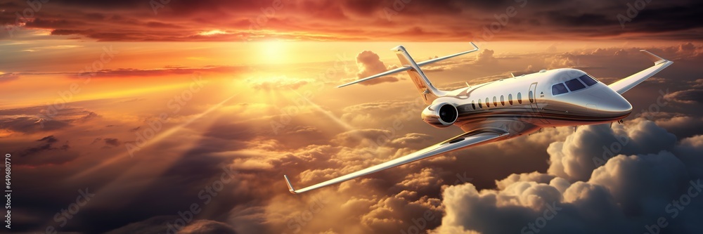 Luxury private jet flying above the clouds, beautiful sunset on background. Travel and airplane concept. Generative AI