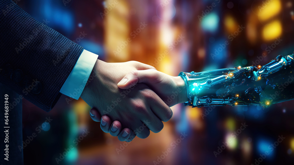 Business handshake of human and robot. Collaboration of artificial intelligence and man. Generative AI