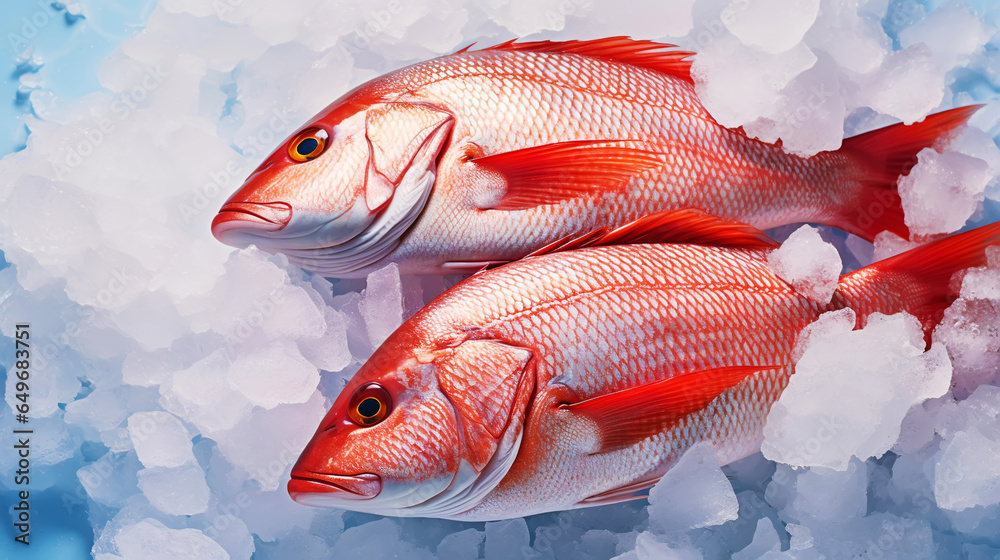 Red snapper fish catch in ice cubes. Seafood background. Generative AI