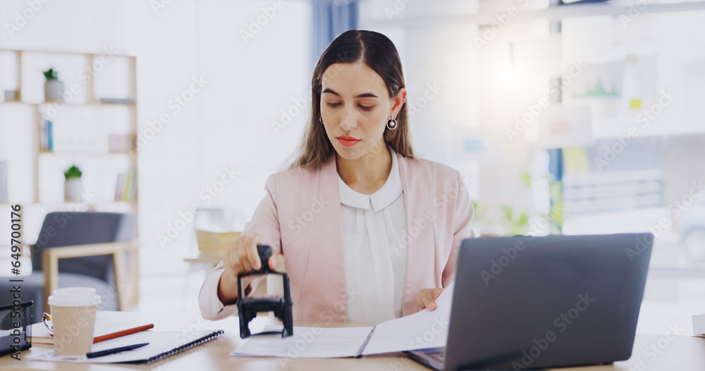 Business hands, stamping and certifying documents in office, copywriting and project goals at desk. Professional worker, writer or editor with notes, brainstorming or job reminder in journal