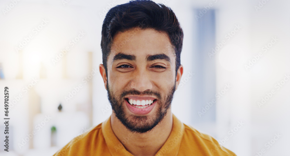 Business man, worker and face with happy smile and confidence feeling proud from work. Portrait, young employee and male person confident about professional job and web consulting success with pride