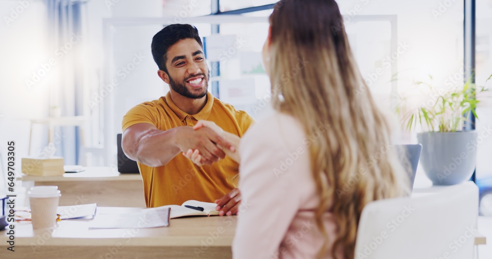 Smile, business people and handshake for partnership, deal or introduction in workplace. Happy, man and woman shaking hands for agreement, b2b or onboarding, congratulations or welcome to company.