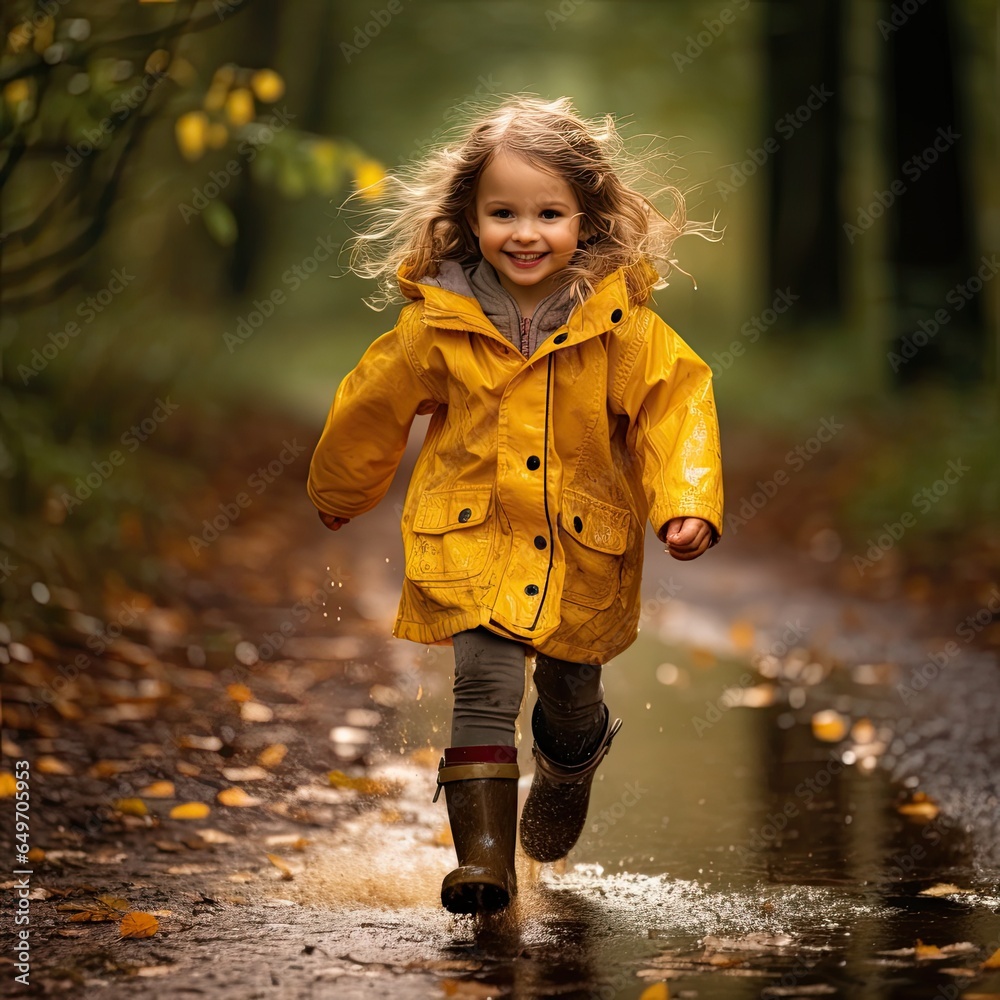 Joyful Kid in Yellow Raincoats and Boots Running Through Autumn Puddles. Generative AI