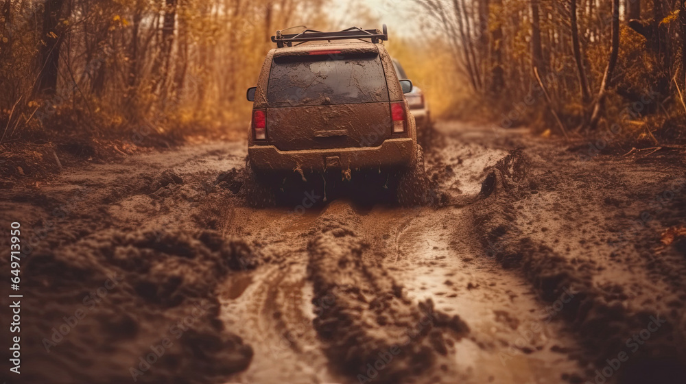 A car drives through mud, Off road travel. Generative Ai