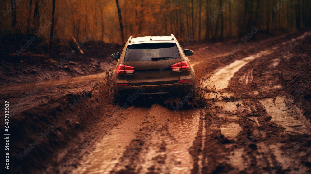 A car drives through mud, Off road travel. Generative Ai