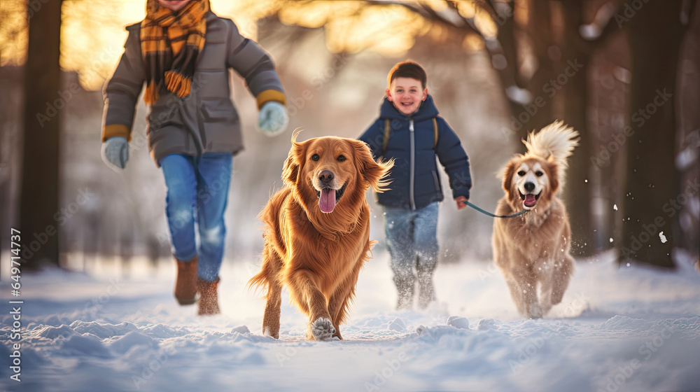 Happy family running their pet golden retriever in the winter park. Generative Ai