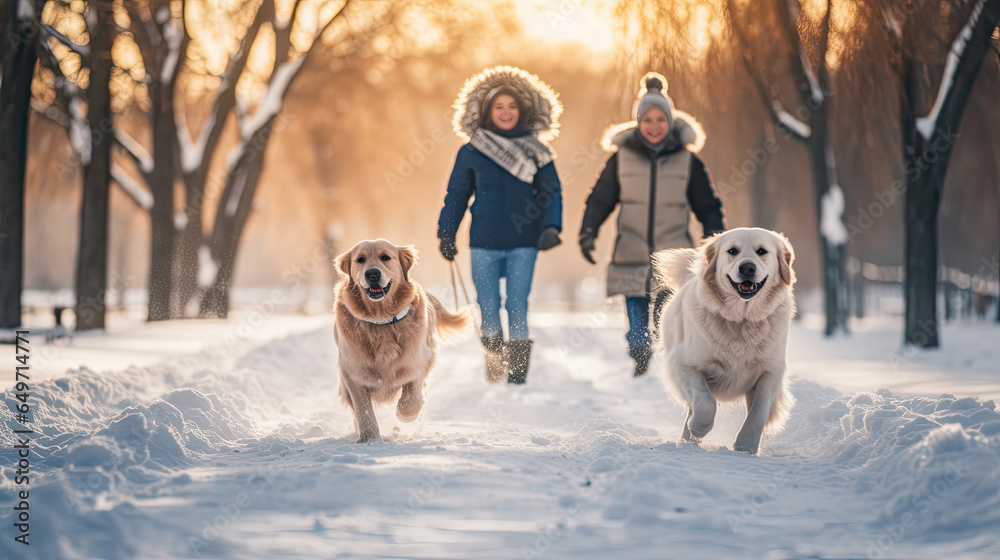 Happy family running their pet golden retriever in the winter park. Generative Ai