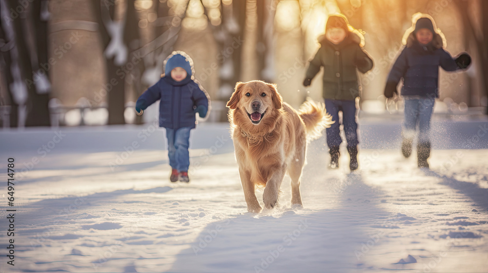 Happy family running their pet golden retriever in the winter park. Generative Ai