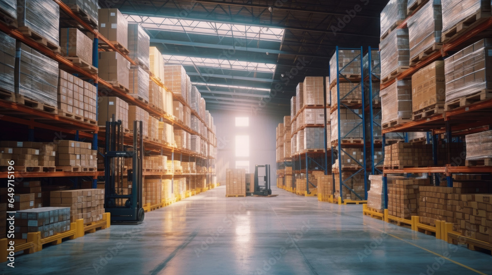 Product distribution center, Retail warehouse full of shelves with goods in cartons, with pallets and forklifts. Logistics and transportation concept. Generative Ai