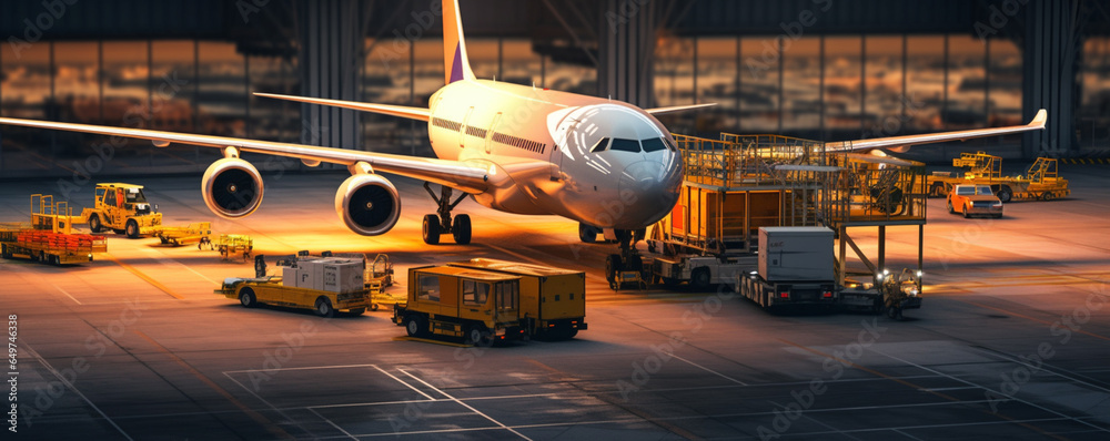 Airport, Loading and unloading of cargo, containers. Business logistics, industrial warehouses and logistics companies. E-commerce, wholesale trade of goods.