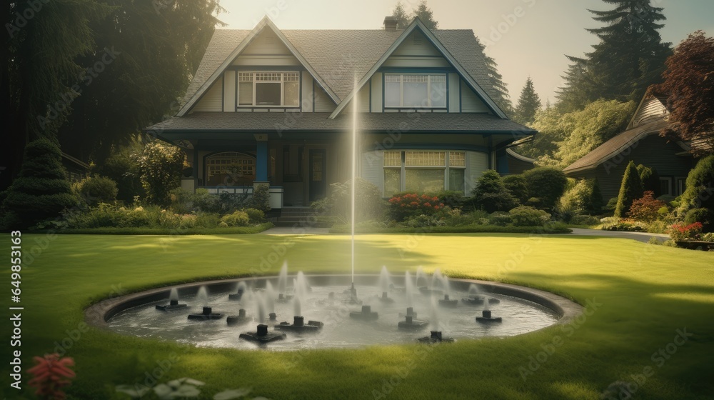 Beautiful house with a nice front yard and a fountain sprinkler system, Mansion Exterior.