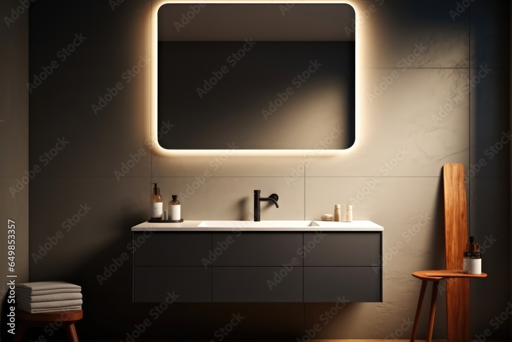 A vertically suspended rectangular mirror illuminated by bright white light is positioned above a sink.