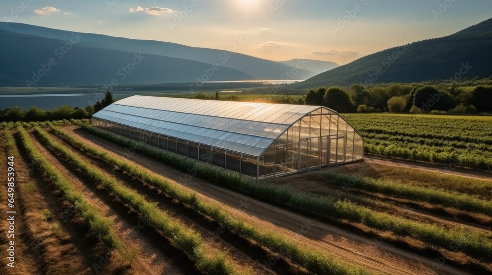 Aerial view, Greenhouse with photovoltaic solar panel.