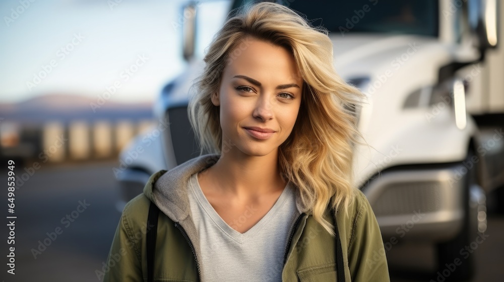 Beautiful woman professional truck driver standing in front of own car.