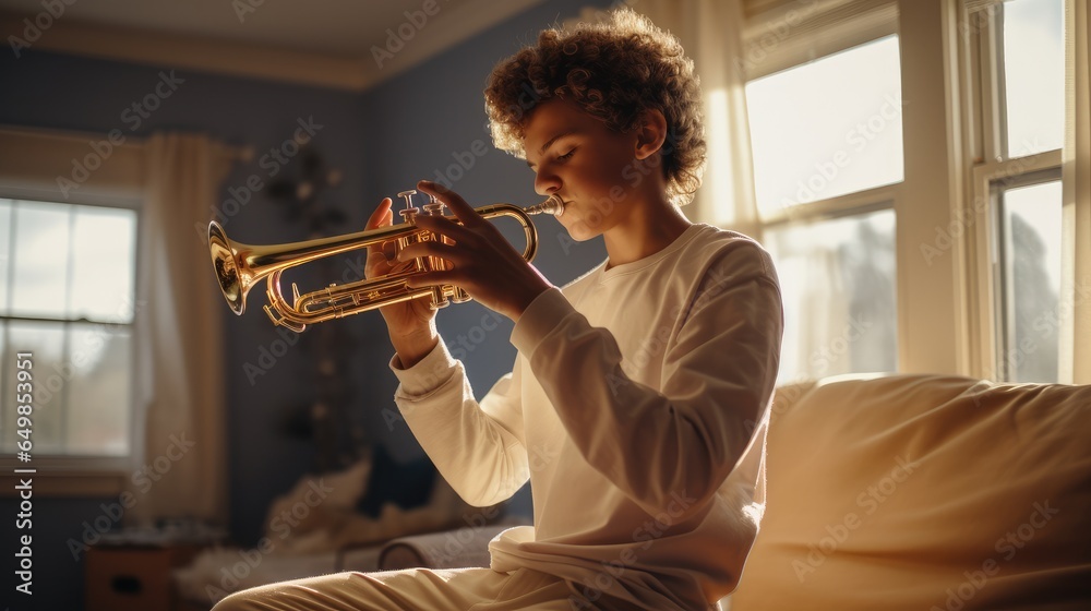 Beginner trumpet player practicing at home.