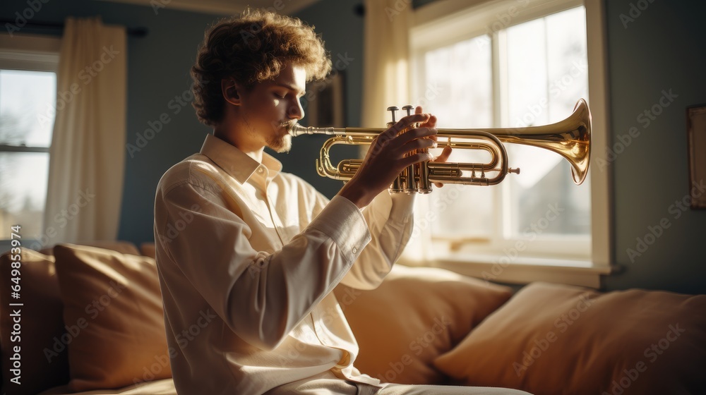 Beginner trumpet player practicing at home.