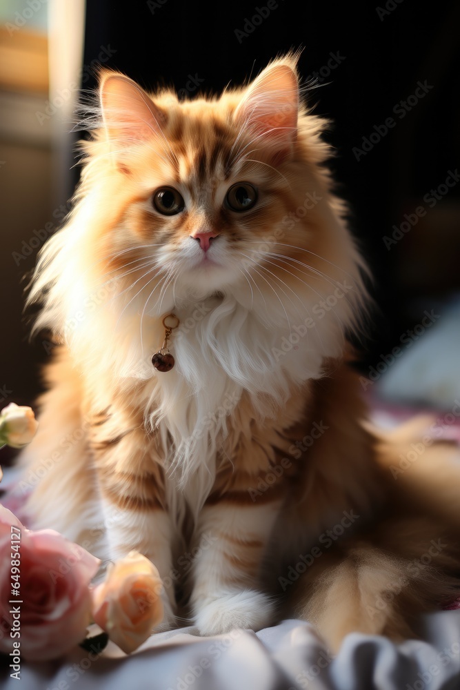 Brown cat is sitting on a bed.