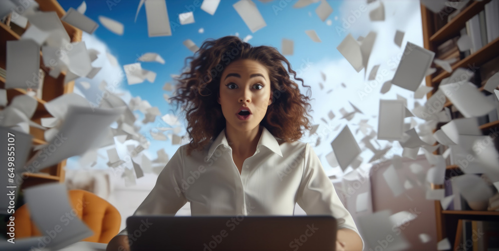 Confident young woman sitting at a desk having paper flying through, Scientist.