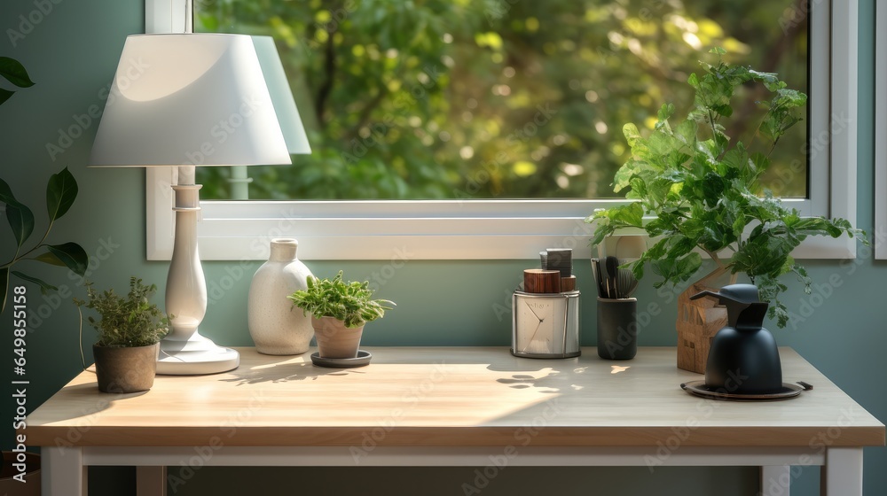 Desk in front of the window with a white desk lamp, a small green plant is placed on the table.