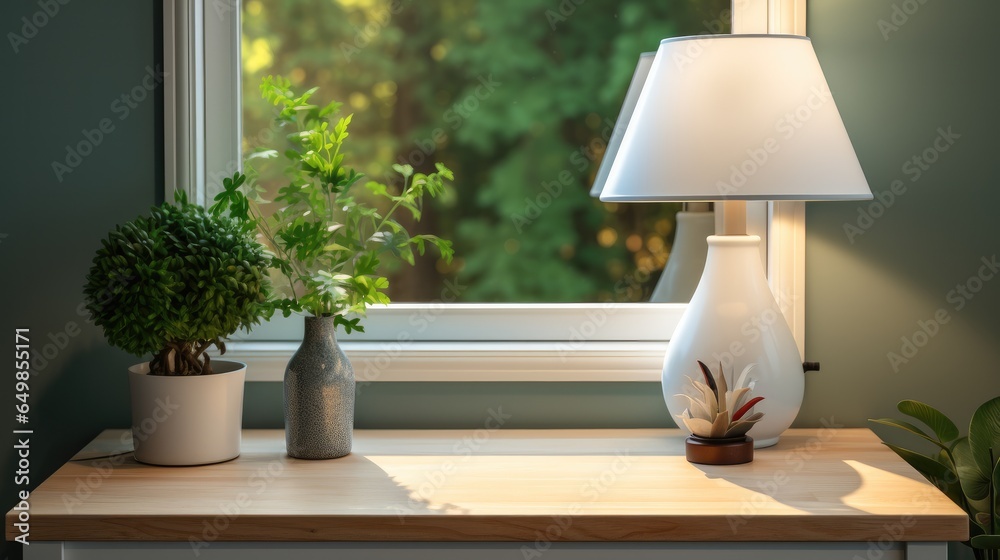 Desk in front of the window with a white desk lamp, a small green plant is placed on the table.