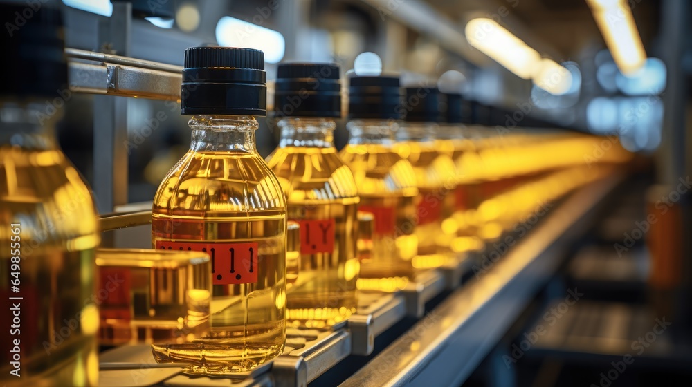 Factory production line efficiently filling bottles with refined sunflower seed oil.