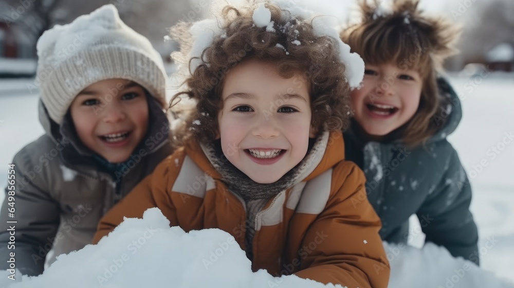 Happy group of children playing in the snow during winter.