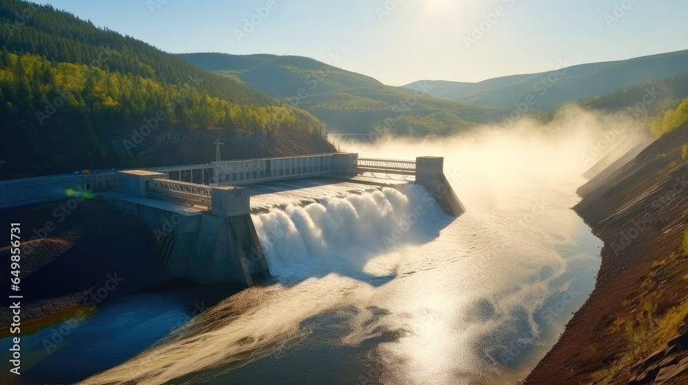 Hydroelectric Dam around mountain, Water discharge through locks.