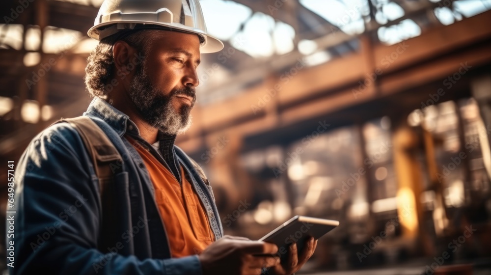 Engineer using a digital tablet on a construction site.