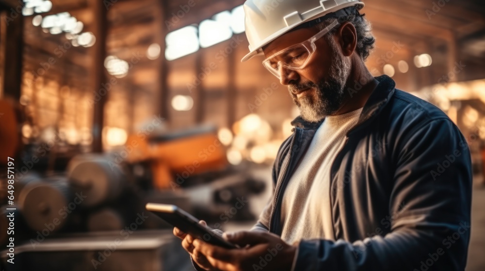 Engineer using a digital tablet on a construction site.