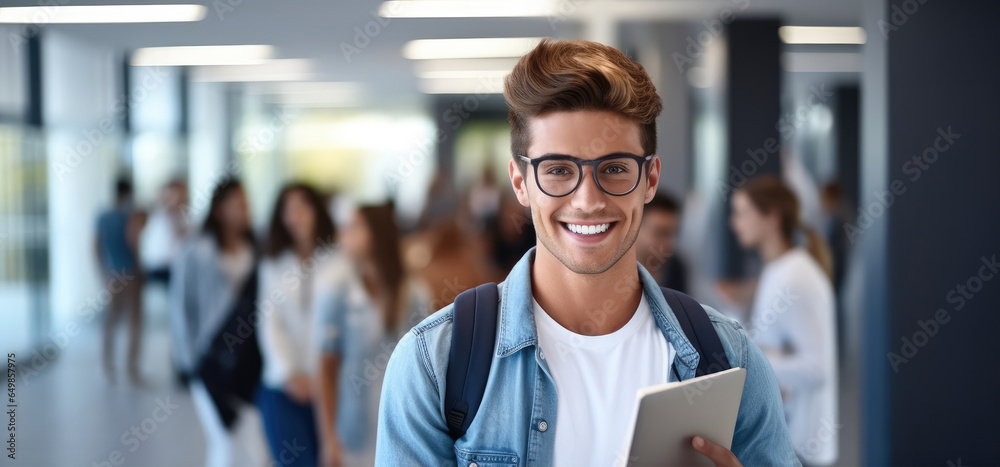 Positive man student wearing backpack glasses holding books in university.