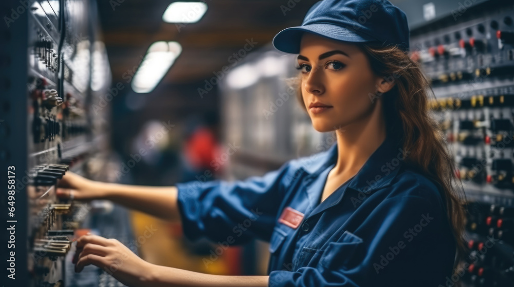 Professional engineer woman is checking and maintenance machine in factory, Quality control.